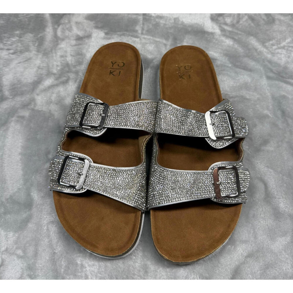 NWOT YOKI Womens Silver Rhinestone Double Buckle Sandal Size 10
